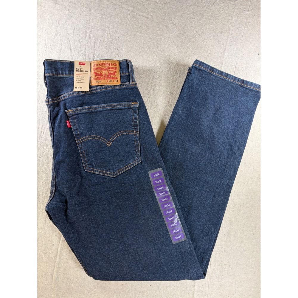 Levi's 505 Regular Stretch Jeans Mens 36x34 Dark Wash Straight Leg NWT